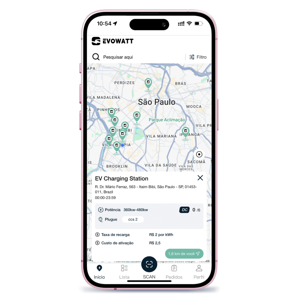 Interface do aplicativo permite ao usuário localizar, reservar e pagar pela recarga. Interface do aplicativo permite ao usuário localizar, reservar e pagar pela recarga.